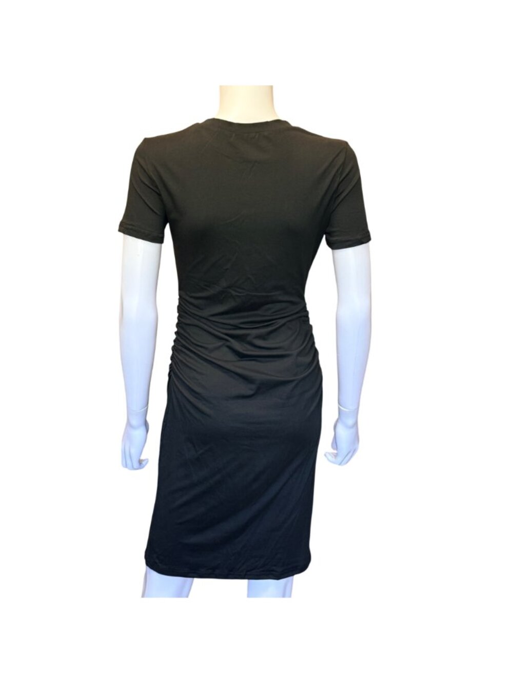 Black Short Sleeve Bodycon Dress Womens L Ruched Stretch Knee Length Polyester - Picture 2 of 8